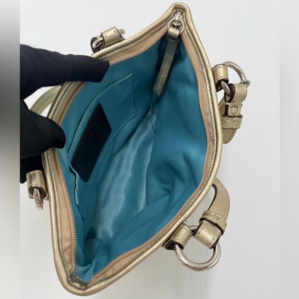 Coach Mini Tote Satchel | Turquoise Blue Interior | Y2K 42416 Metallic Gold - Picture 13 of 16